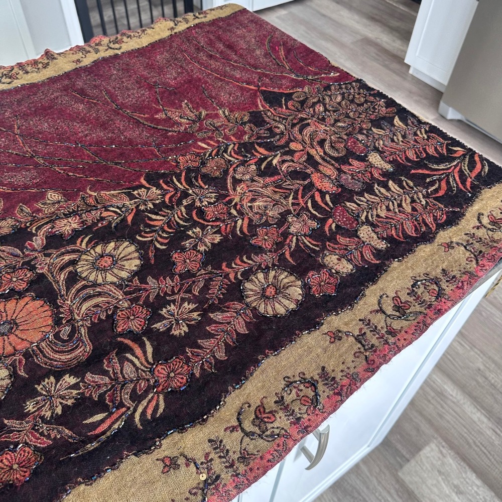 Pashmina Scarf Burgundy‎ Beaded Floral Boho Gypsy Wrap Butterflies - Picture 6 of 12